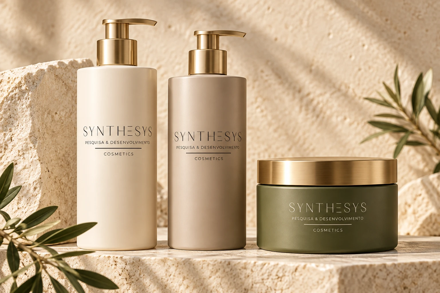 Linha conceitual de cosméticos SYNTHESYS com frascos e pote em marfim, taupe e verde-oliva